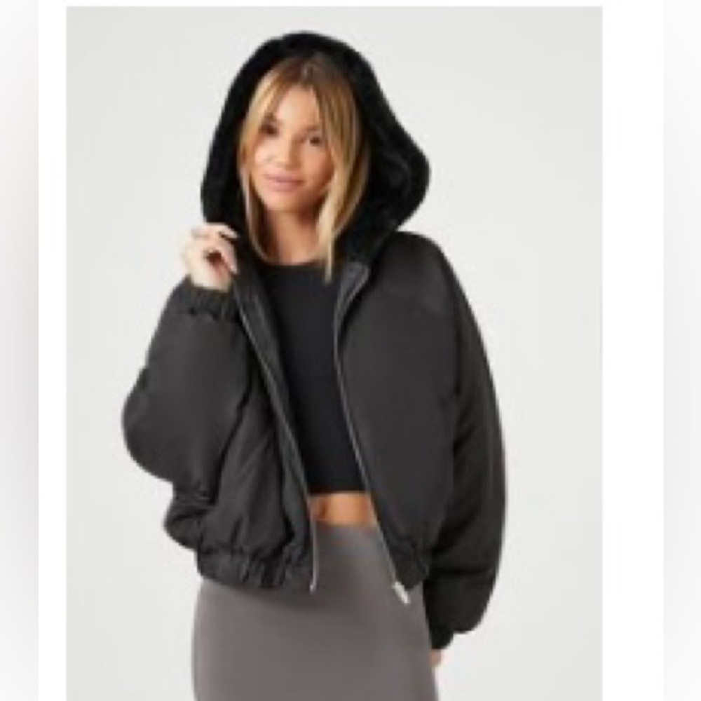 Forever 21 Faux Fur Hooded Bomber Jacket Women medium black polyester semi crop